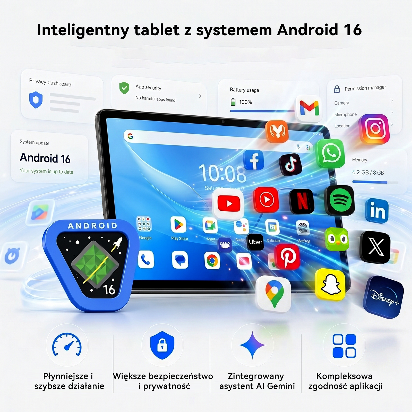 Tablet z interfejsem Android 16, otoczony unoszącymi się ikonami aplikacji i funkcjami.