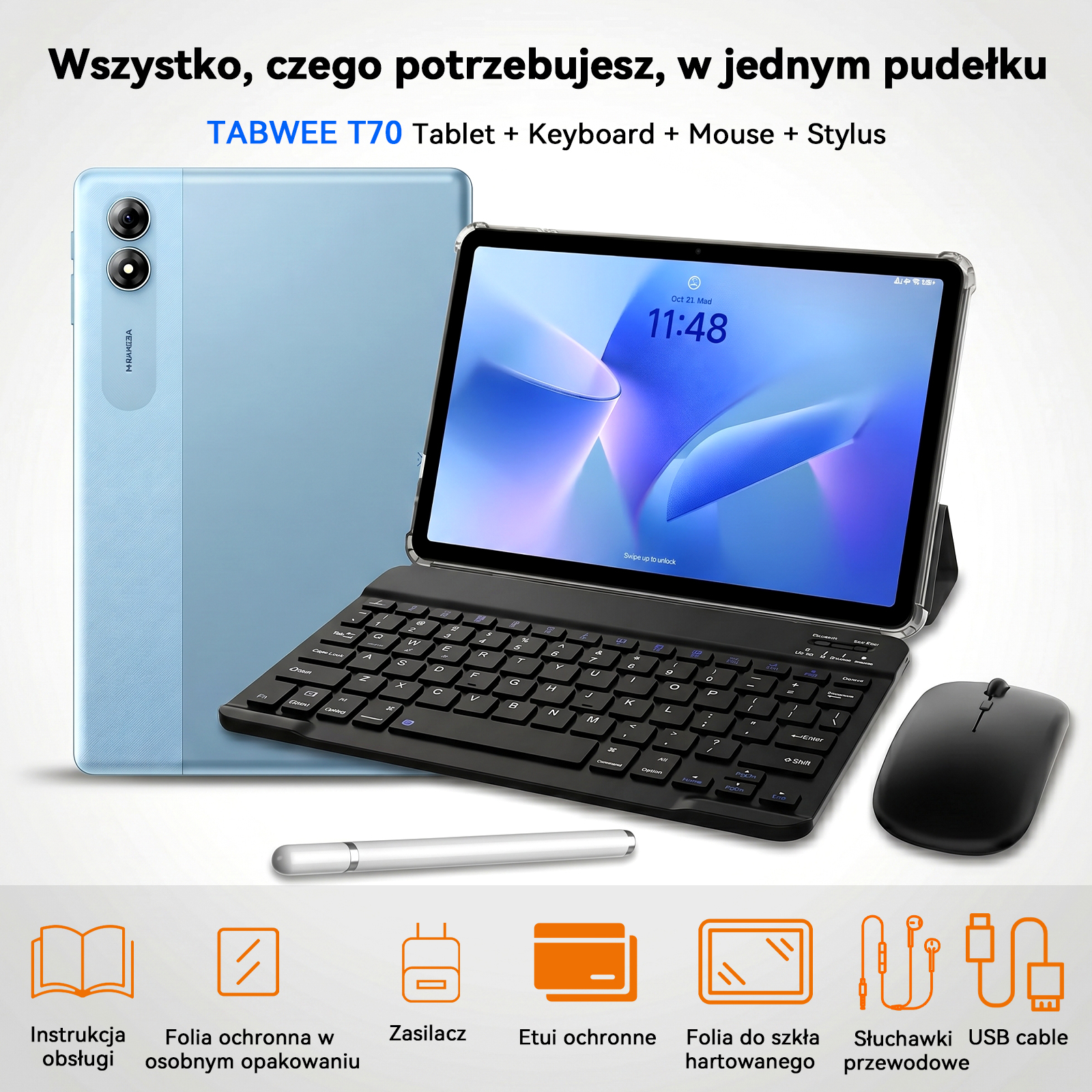 Zestaw tabletu TABWEE T70 z klawiaturą, myszką, rysikiem i akcesoriami.