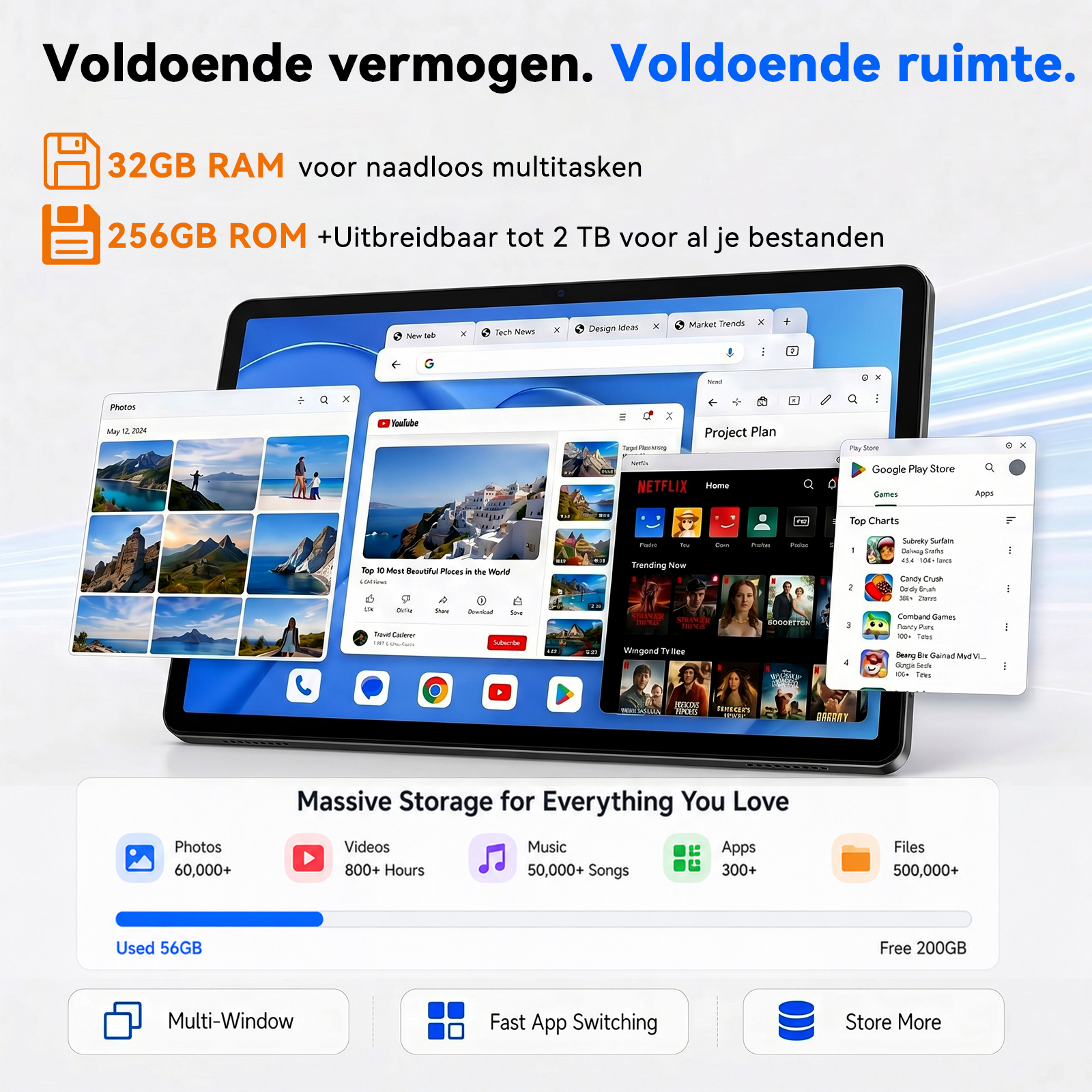 A tablet displays multiple open apps, highlighting storage, RAM, and multitasking capabilities.