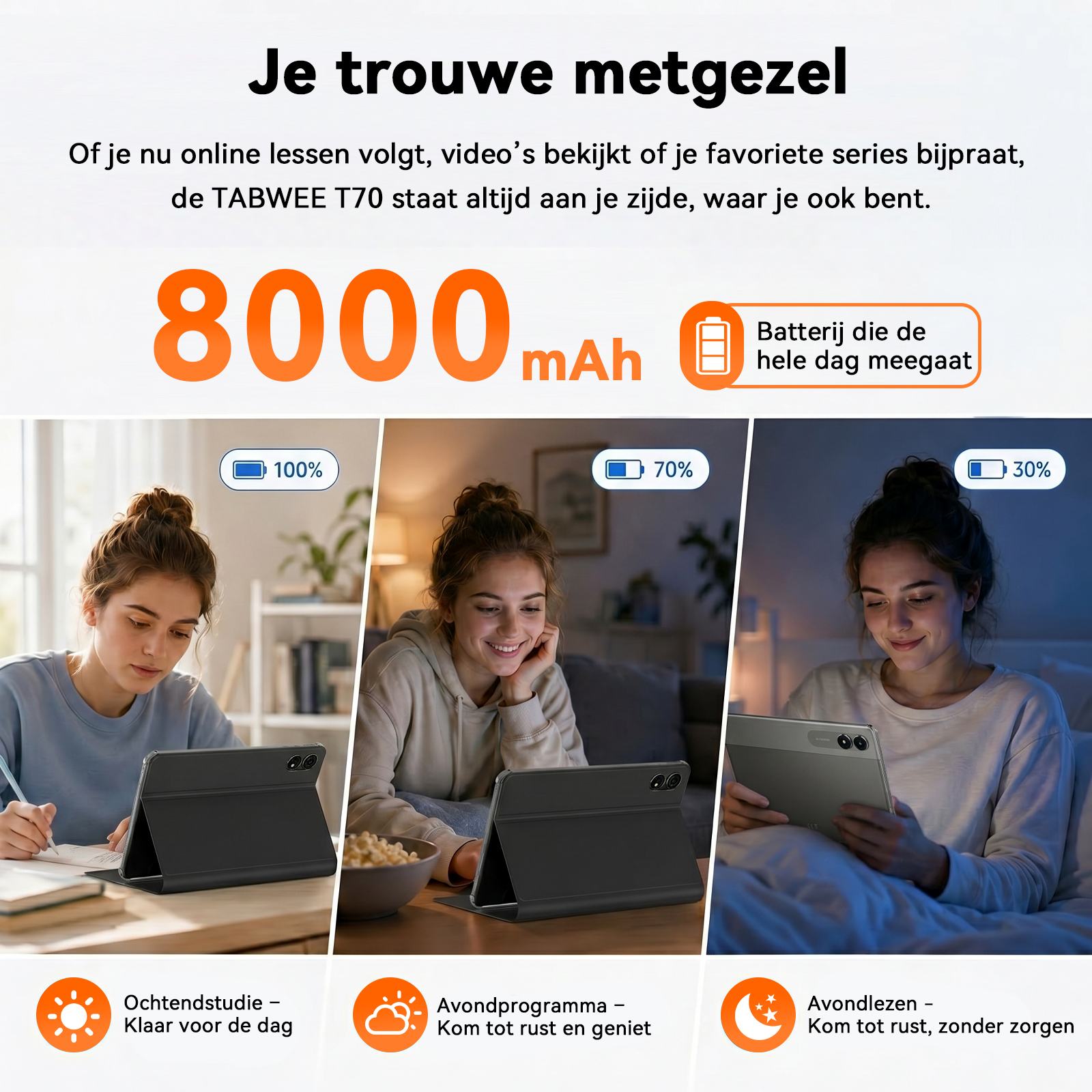 An ad for a tablet showing a woman using it during morning study, evening relaxation, and nighttime reading.