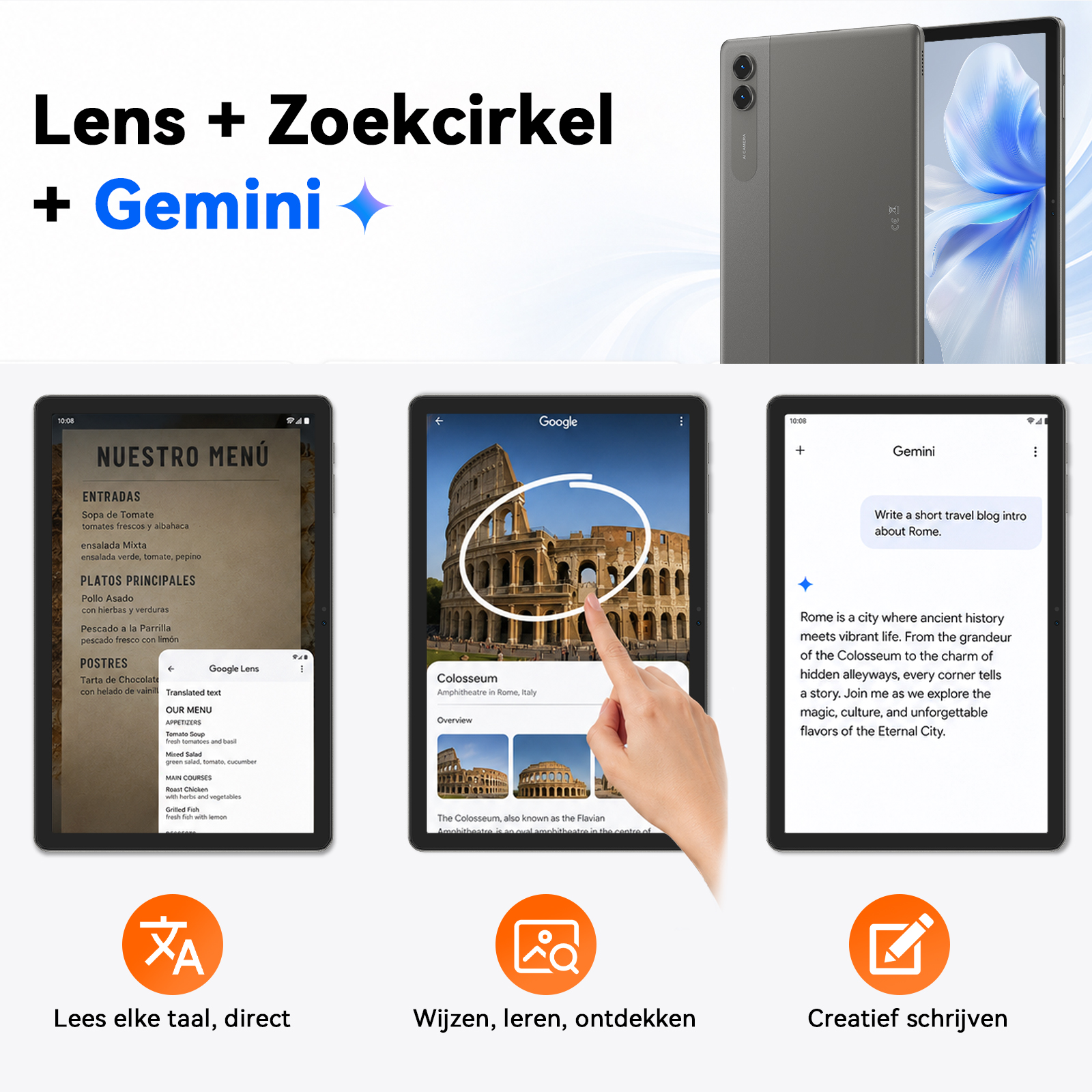 Tablet screens demonstrate Google Lens features including translation, image search, and Gemini AI text generation.