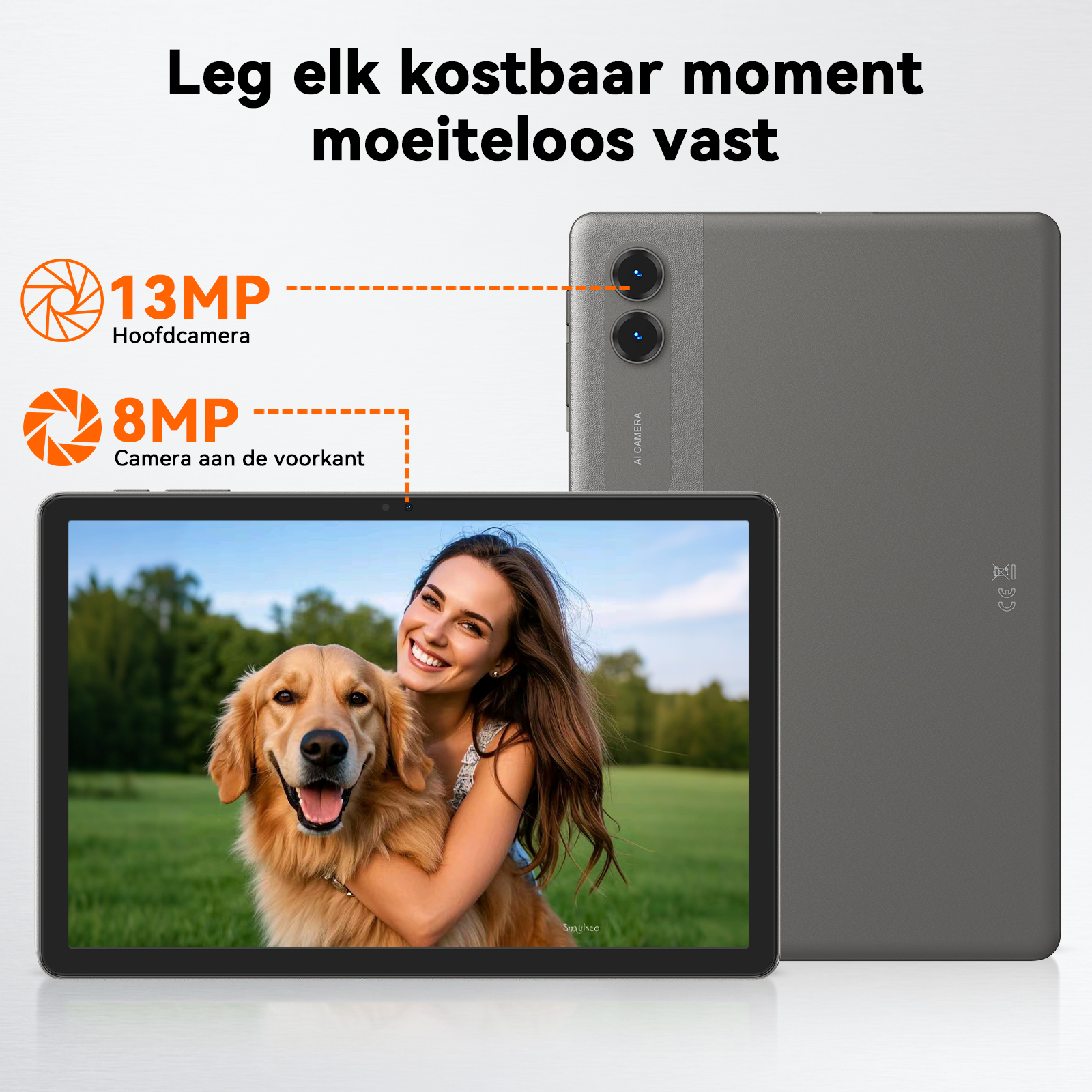Grey tablet with text highlighting its 13MP main camera and 8MP front camera displaying a woman and dog.