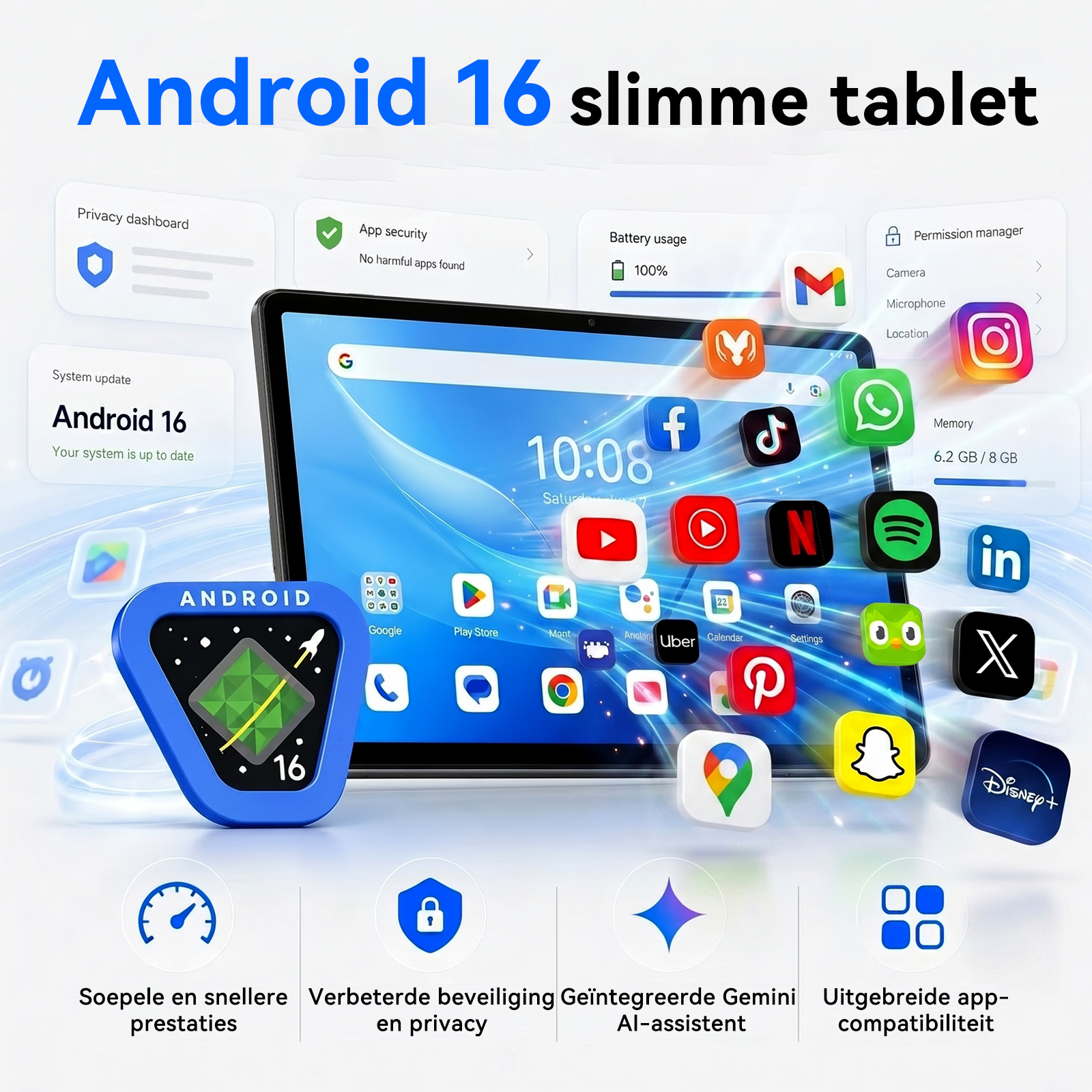 Android 16 tablet showing floating app icons and features like enhanced security and AI assistant.