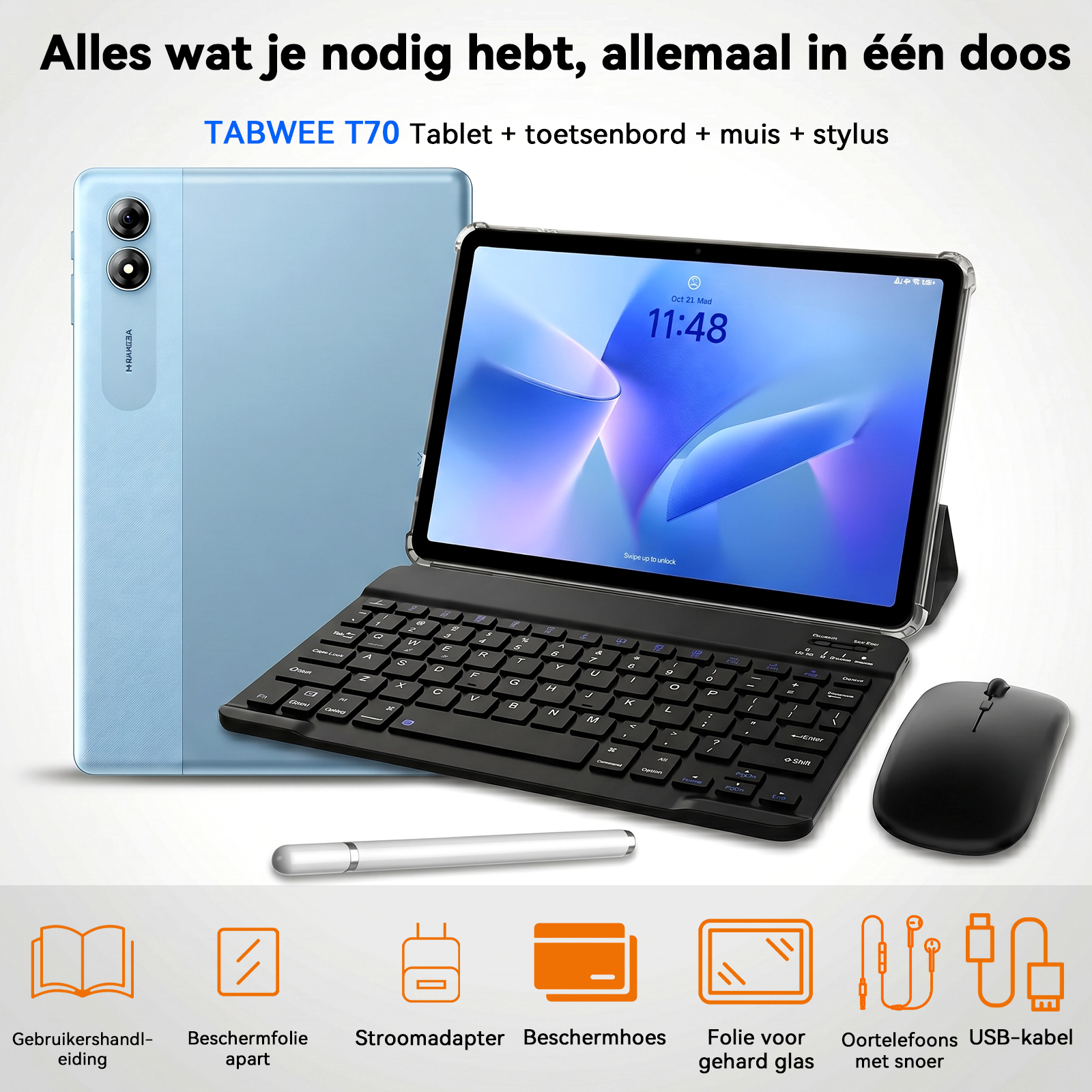 Blue TABWEE T70 tablet with keyboard, mouse, stylus, and accessories.