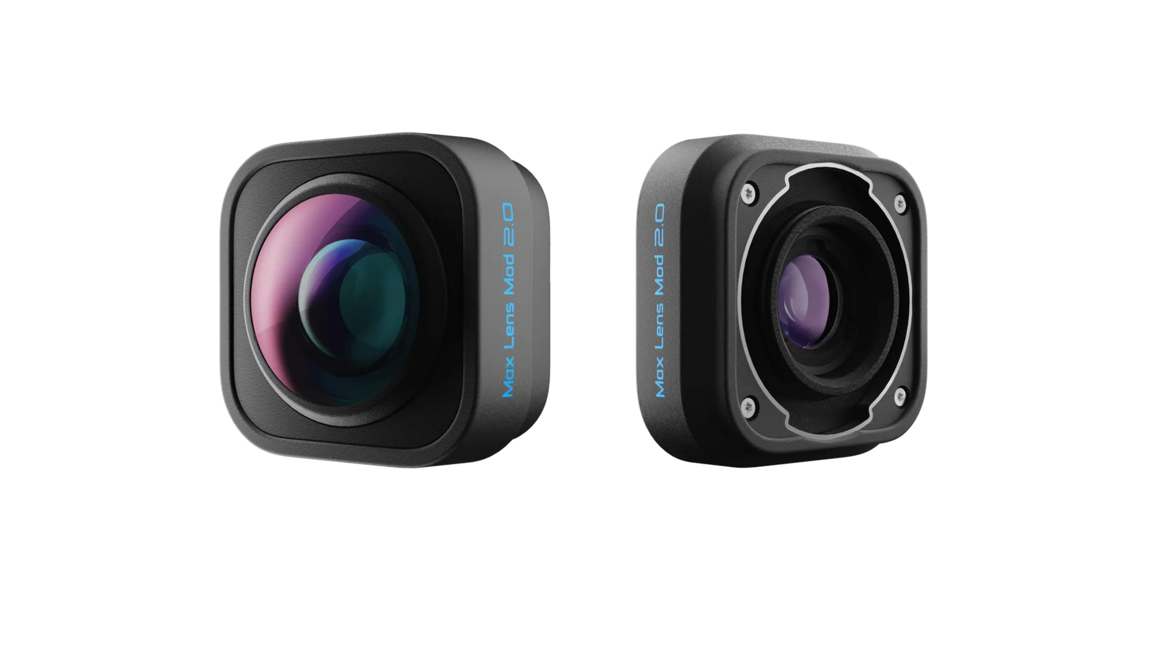 Due moduli fotocamera neri Max Lens Mod 2.0 su sfondo bianco, uno che mostra la parte anteriore e uno il retro.