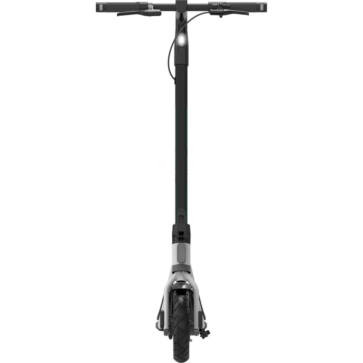 Frontalansicht eines modernen E-Scooters in Schwarz und Weiß auf hellem Hintergrund.