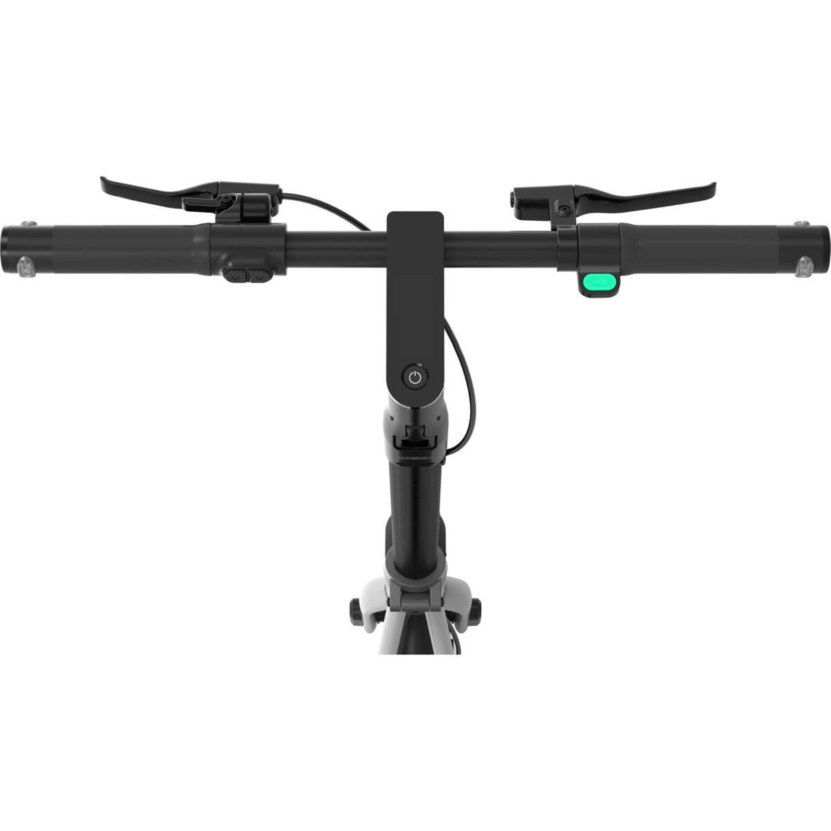 Schwarzer E-Scooter-Lenker von oben, mit Griffen, Bremsen und Bedienelementen auf weißem Hintergrund.