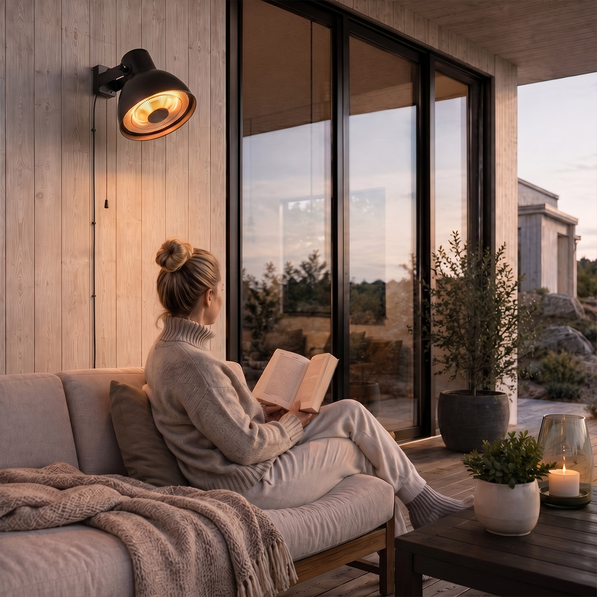 Eine Frau in Strickkleidung liest auf einem Sofa unter einer Infrarot-Heizlampe ein Buch auf der Terrasse.