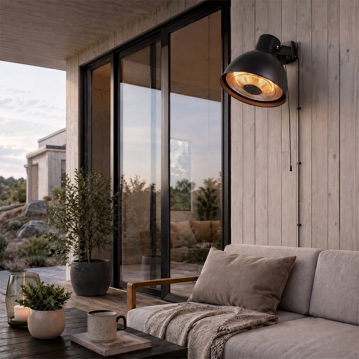 Ein schwarzer Terrassenheizer hängt an einer hellen Holzwand über einem Sofa, daneben ein Couchtisch.