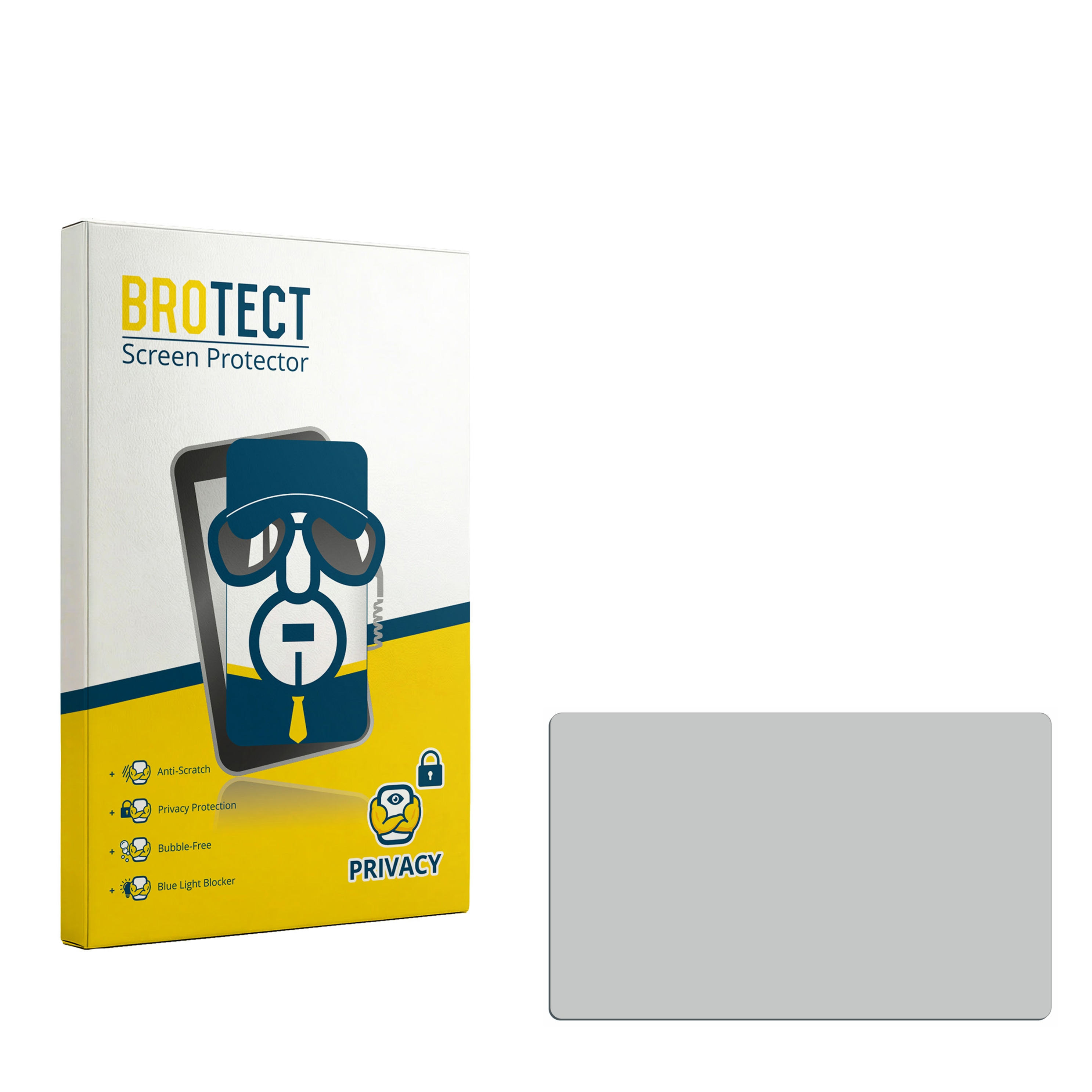 BROTECT Sichtschutzfolie-Verpackung neben einer grauen Display-Schutzfolie auf weißem Hintergrund.