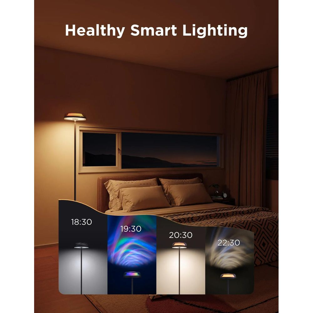 Una camera da letto con letto, finestra e lampada da terra che mostra quattro modalità di luce.