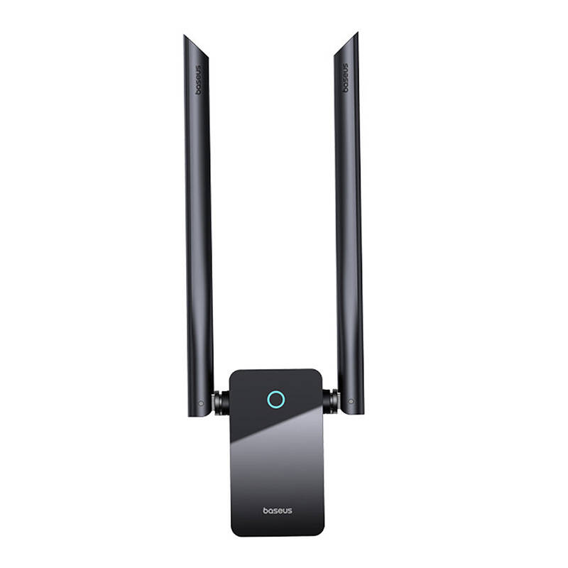 Un ripetitore wireless nero con due antenne e un indicatore LED blu su sfondo bianco.