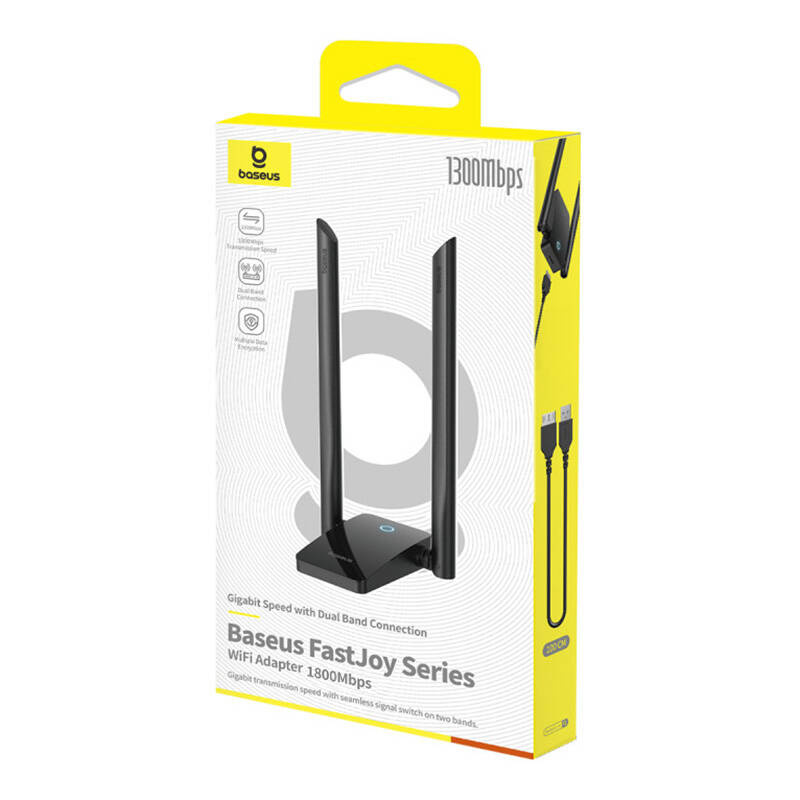 Scatola adattore WiFi Baseus FastJoy con due antenne, bianca e gialla.