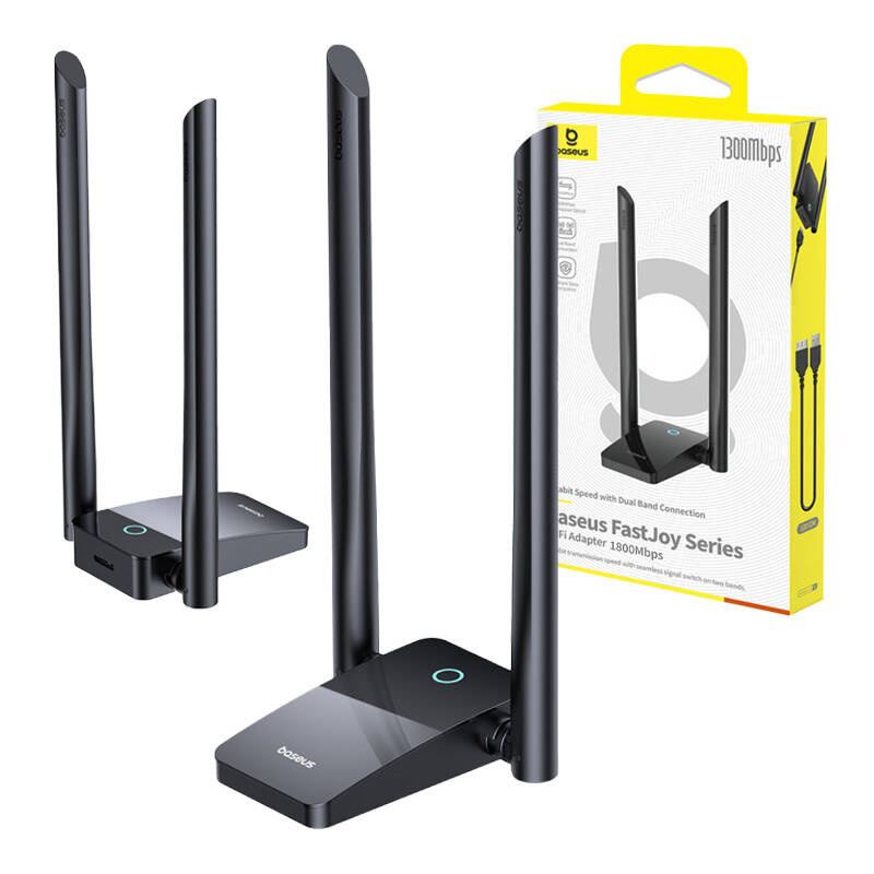 Due adattatori Wi-Fi neri con doppie antenne e una scatola di imballaggio gialla.