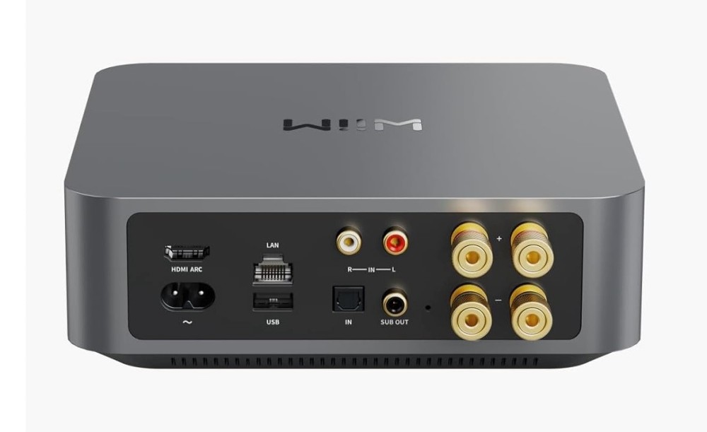 Tył szarego urządzenia audio WiiM z portami HDMI ARC, LAN, USB, wejściami audio i zaciskami głośnikowymi.