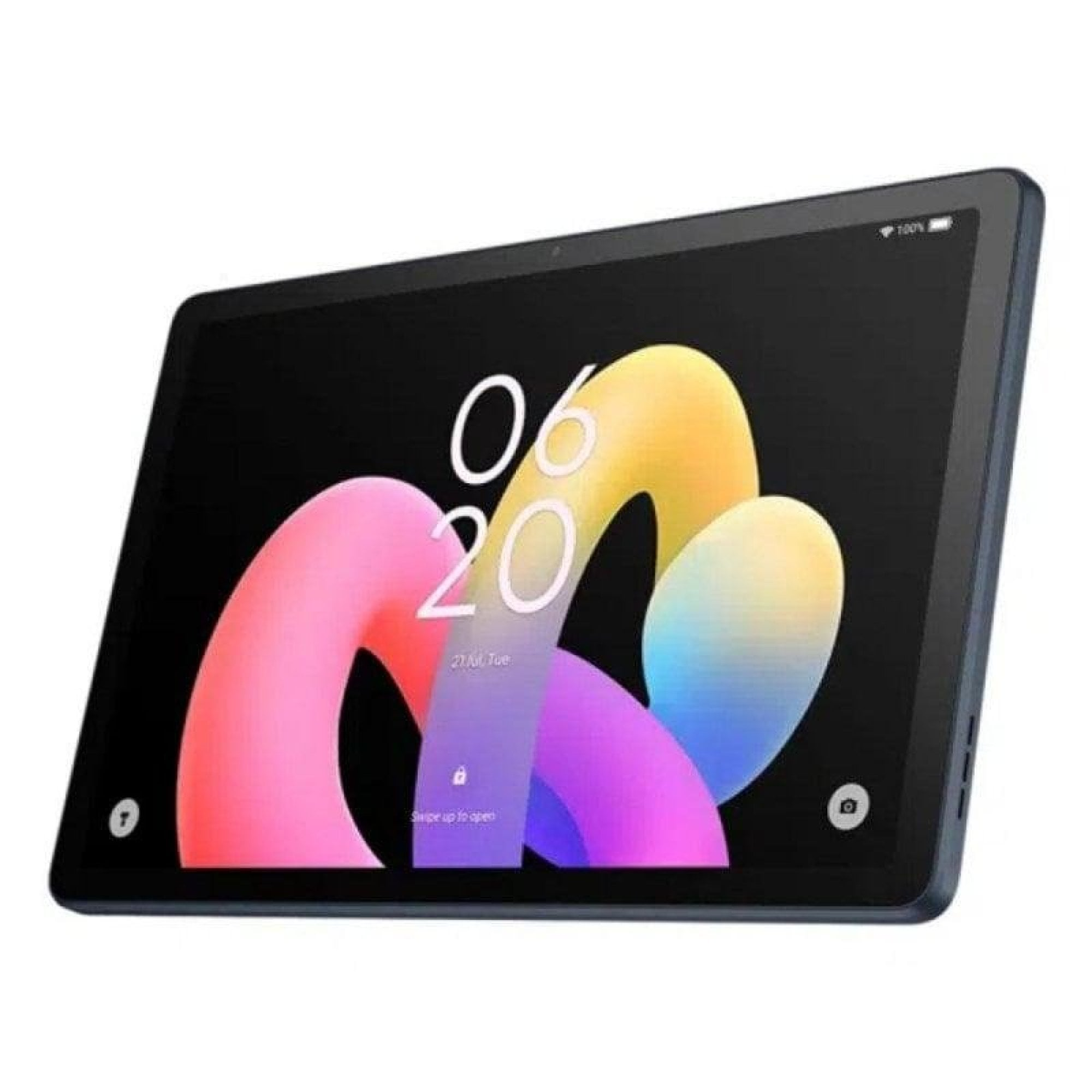 Una tableta con pantalla negra que muestra formas abstractas coloridas y la hora, aislada en un fondo blanco.