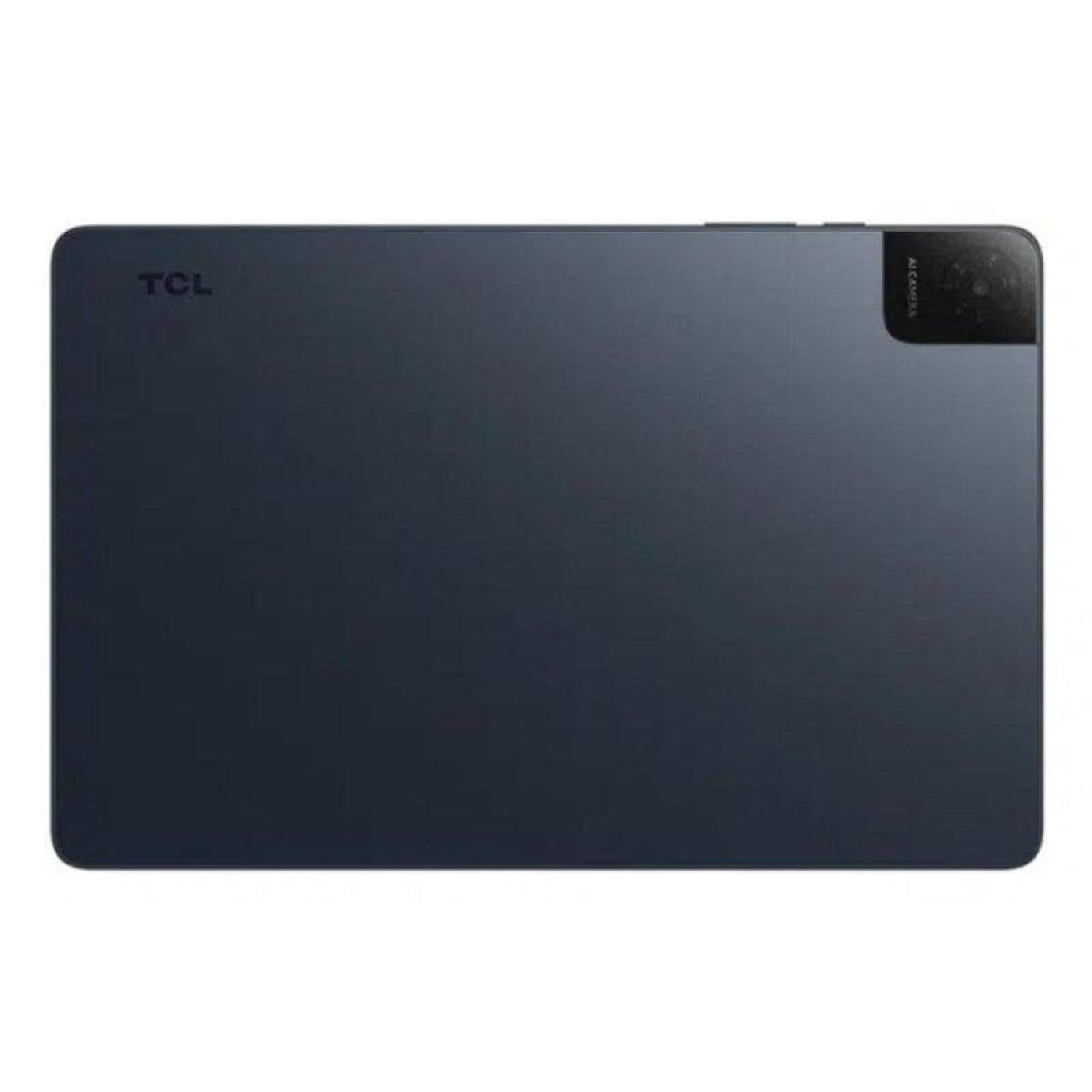 Parte trasera de una tablet TCL azul oscura con un módulo de cámara cuadrado.