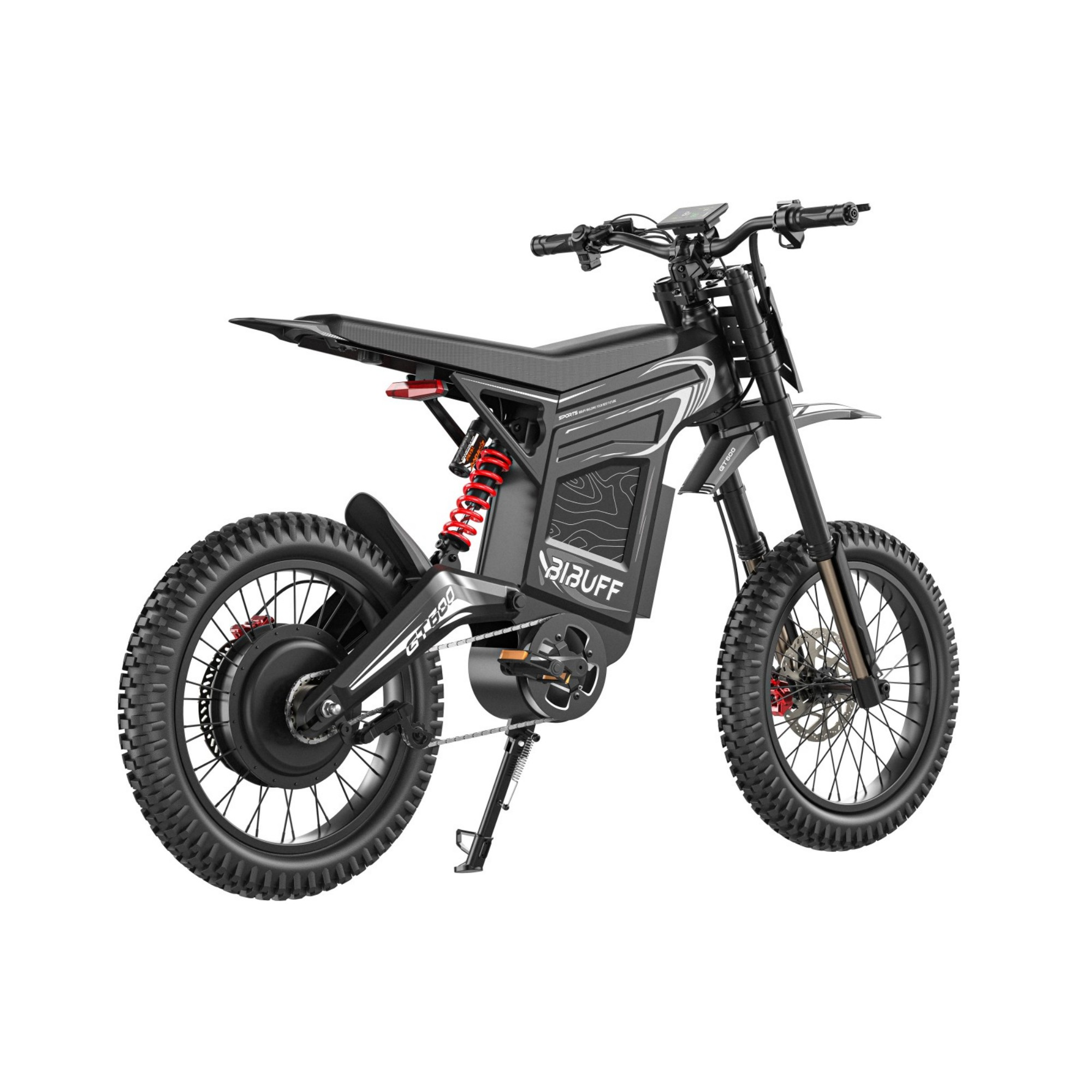 Czarny elektryczny motocykl terenowy z bieżnikowanymi oponami, czerwonym amortyzatorem i stopką.