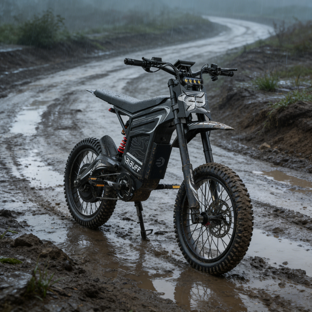 Czarny elektryczny motocykl crossowy zaparkowany na mokrej, błotnistej ścieżce w deszczu.