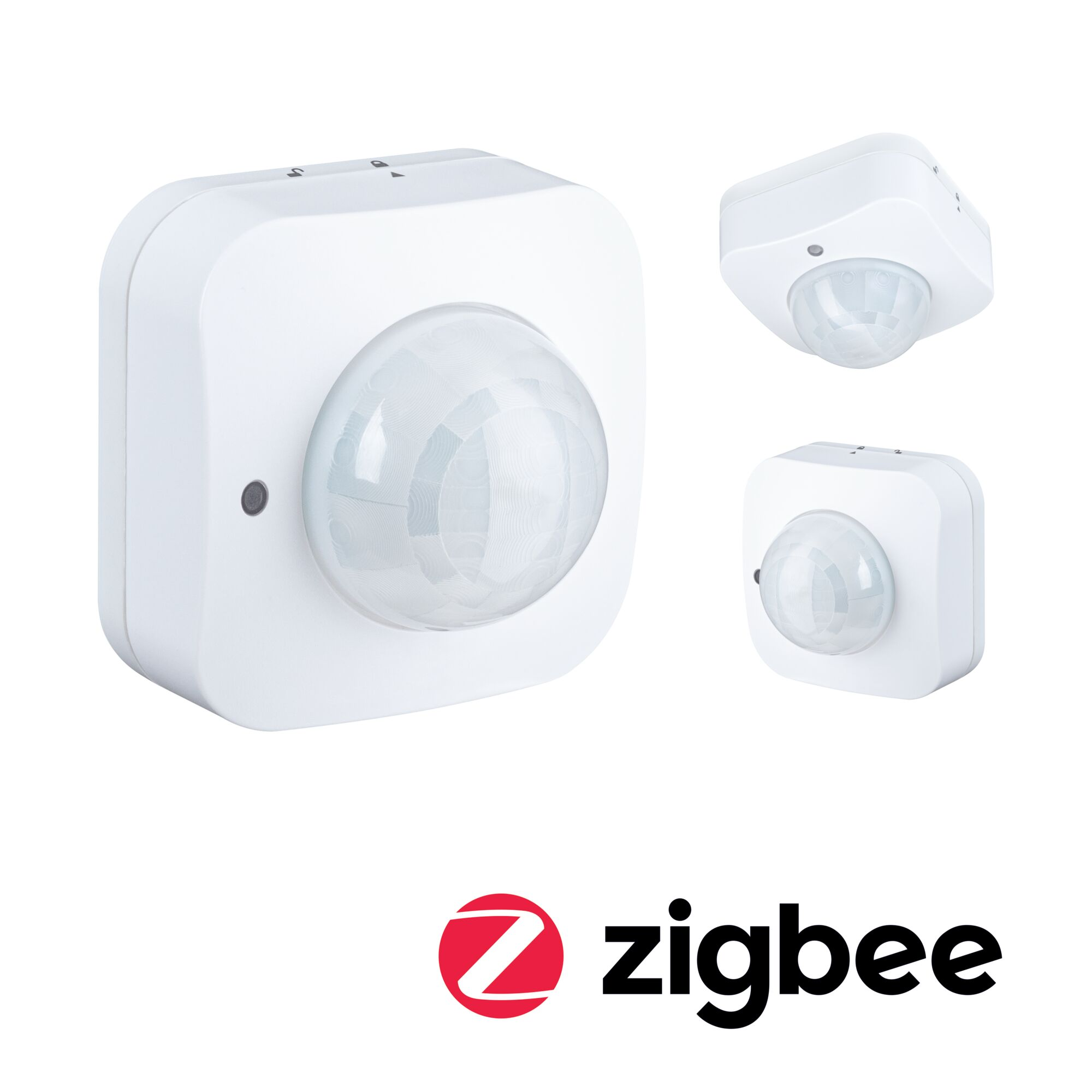 Biały czujnik ruchu Zigbee pokazany pod wieloma kątami z widoczną soczewką kopułkową.