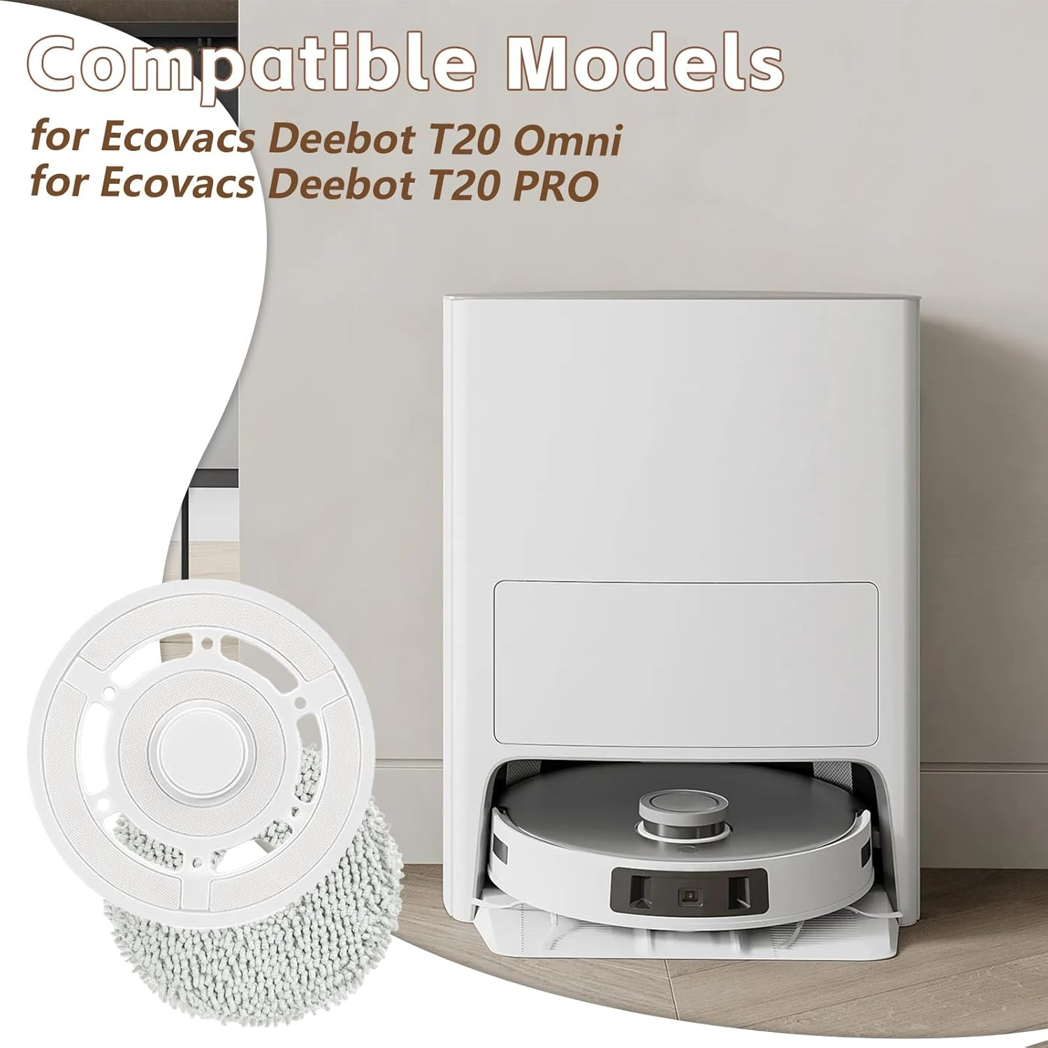 Dock di pulizia bianco Ecovacs Deebot T20 con aspirapolvere e panno lavapavimenti su pavimento chiaro.