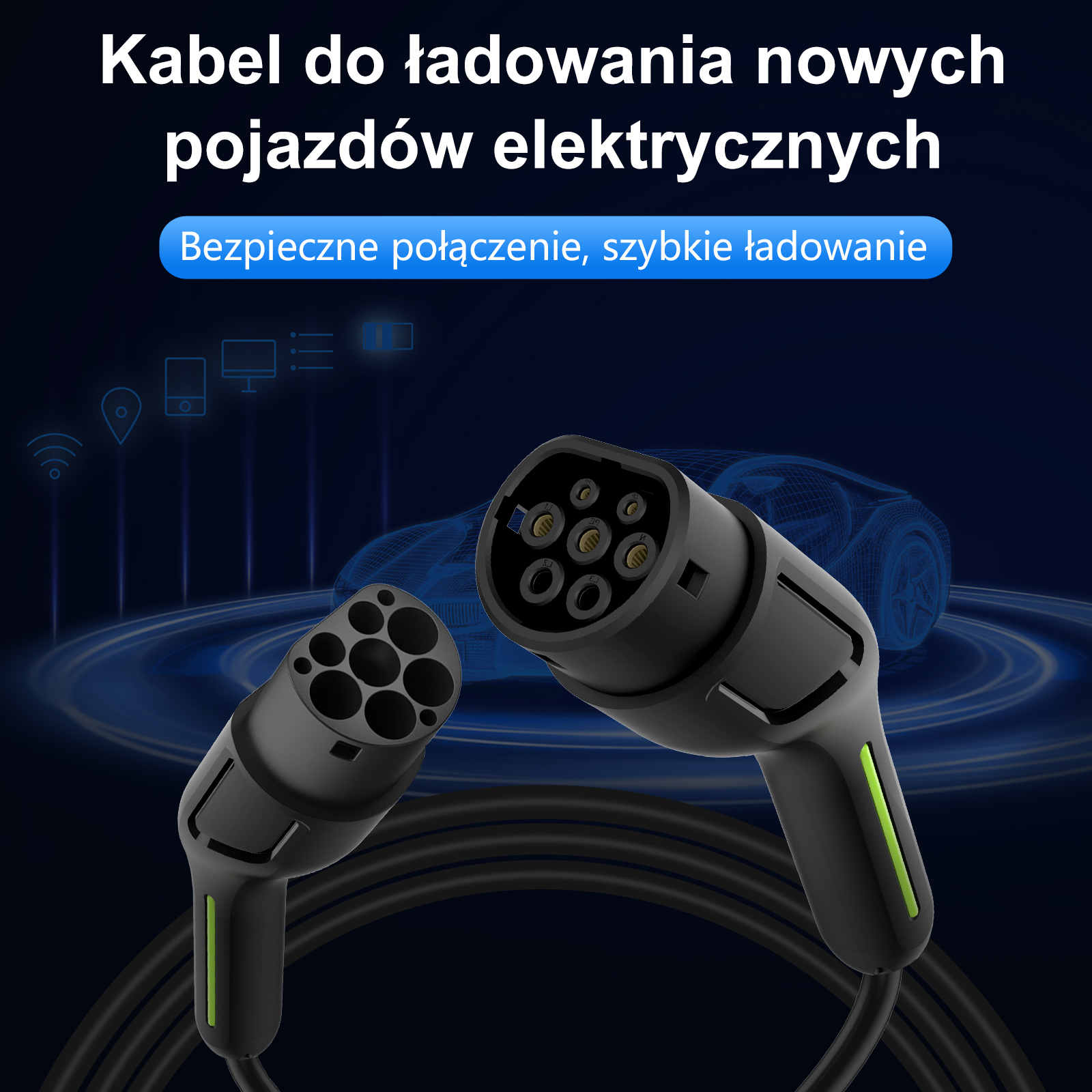 Czarne wtyczki kabla do ładowania EV na niebieskim tle z polskim tekstem.
