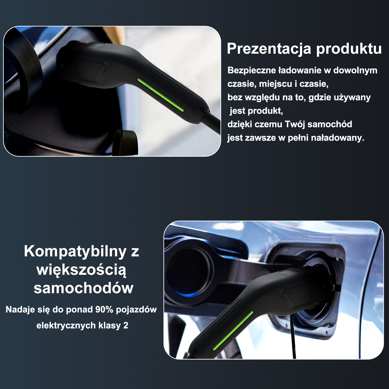Czarna ładowarka do samochodu elektrycznego podłączona do niebieskiego gniazda, z polskim tekstem w tle.