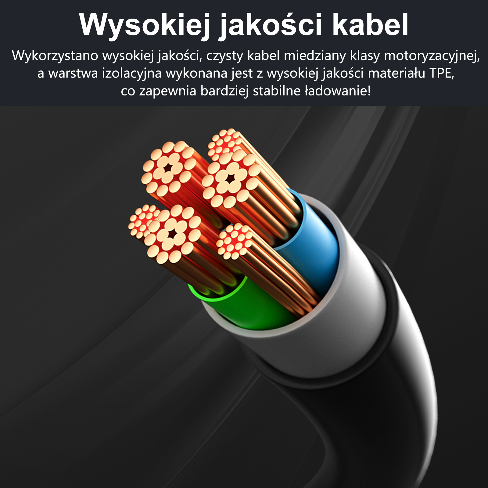 Przekrój wielożyłowego kabla elektrycznego z odsłoniętymi miedzianymi żyłami i kolorową izolacją w grubej osłonie.