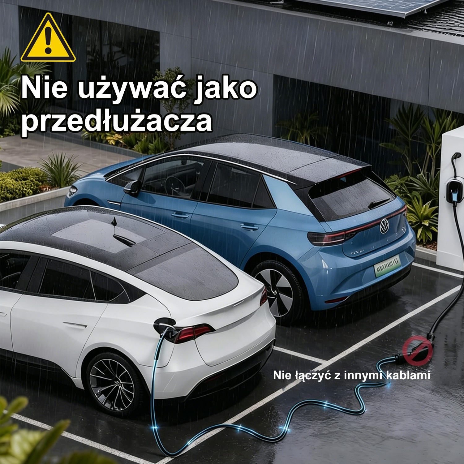 Samochód elektryczny ładowany z kabla, z polskim ostrzeżeniem przed użyciem jako przedłużacz.
