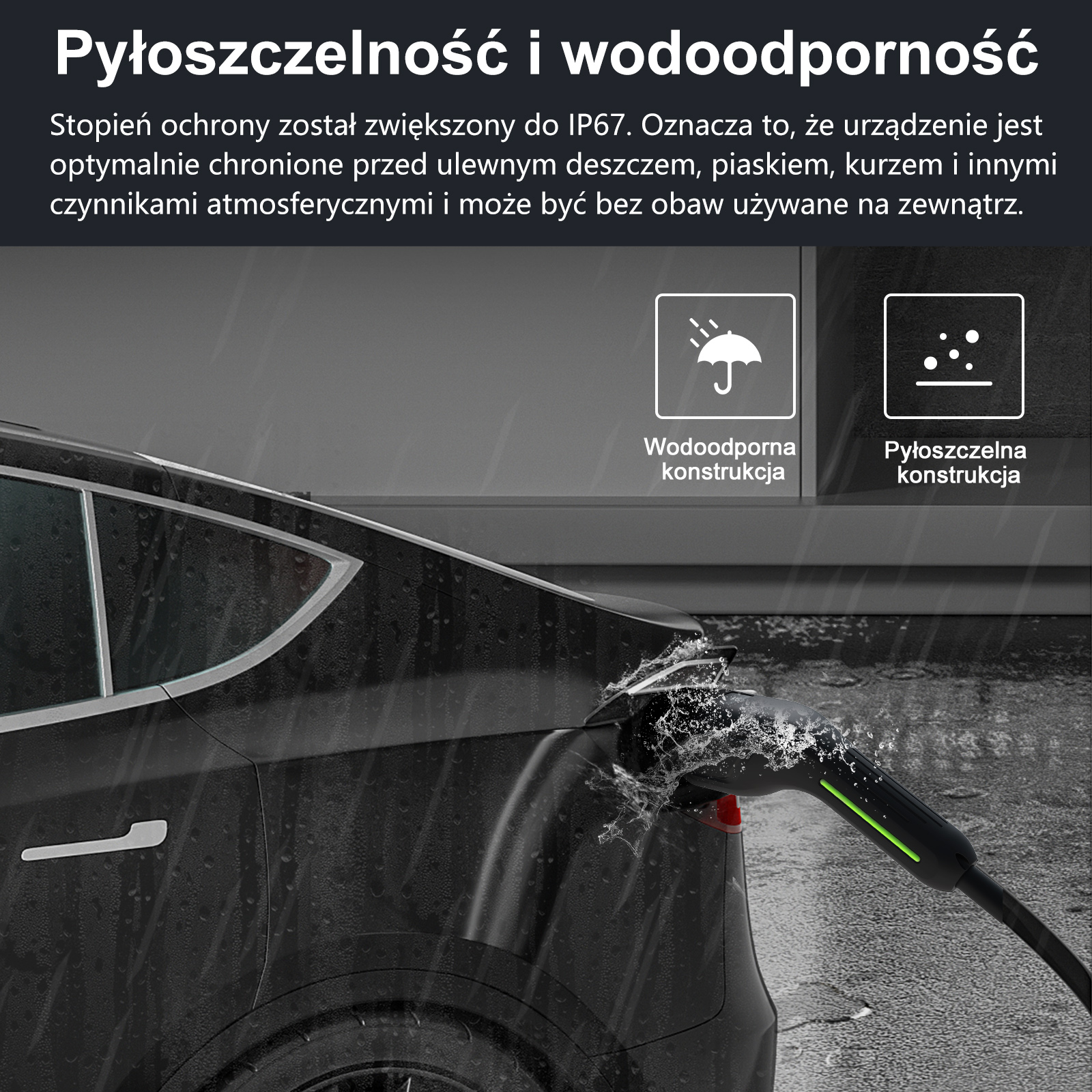 Czarny samochód elektryczny ładuje się w deszczu, z ikonami wodoodporności i pyłoszczelności.