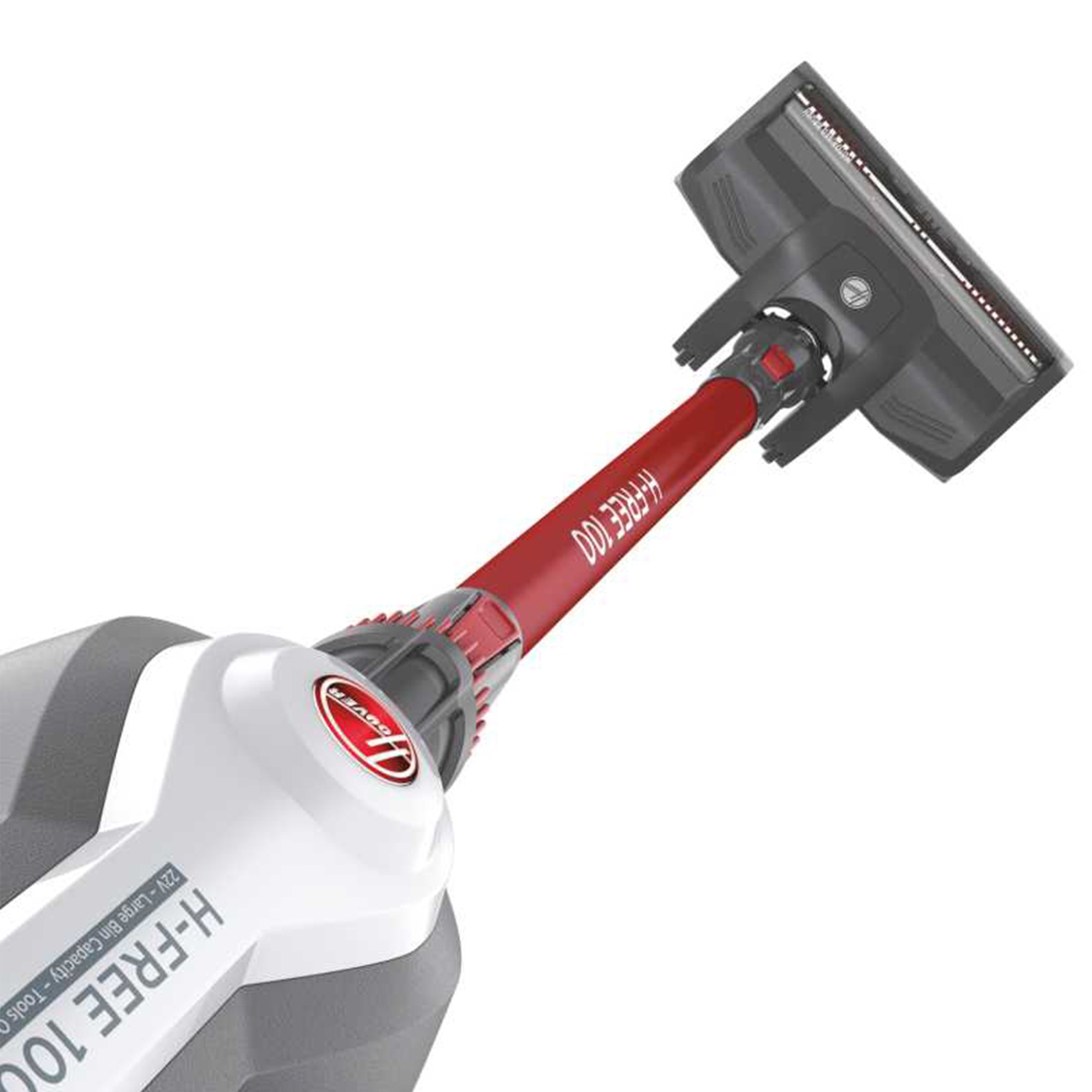 Aspirateur balai sans fil H-FREE 100 blanc et rouge avec brosse noire sur fond blanc.