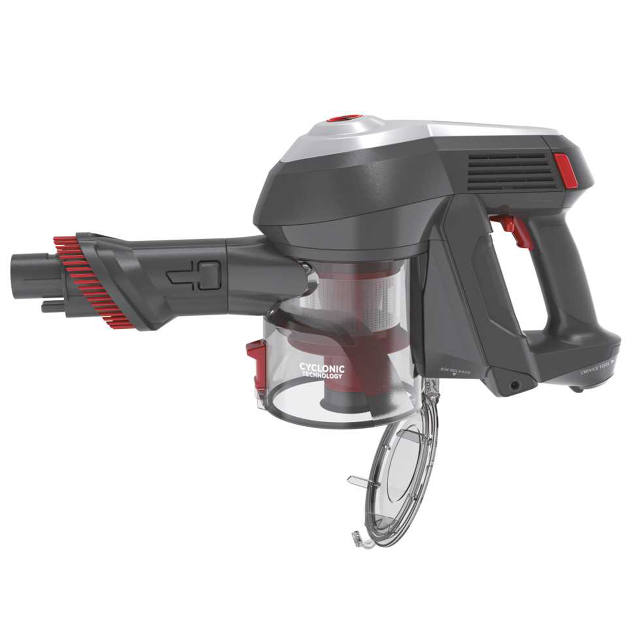 Aspirateur à main sans fil gris et rouge avec technologie cyclonique et bac à poussière ouvert sur fond clair.