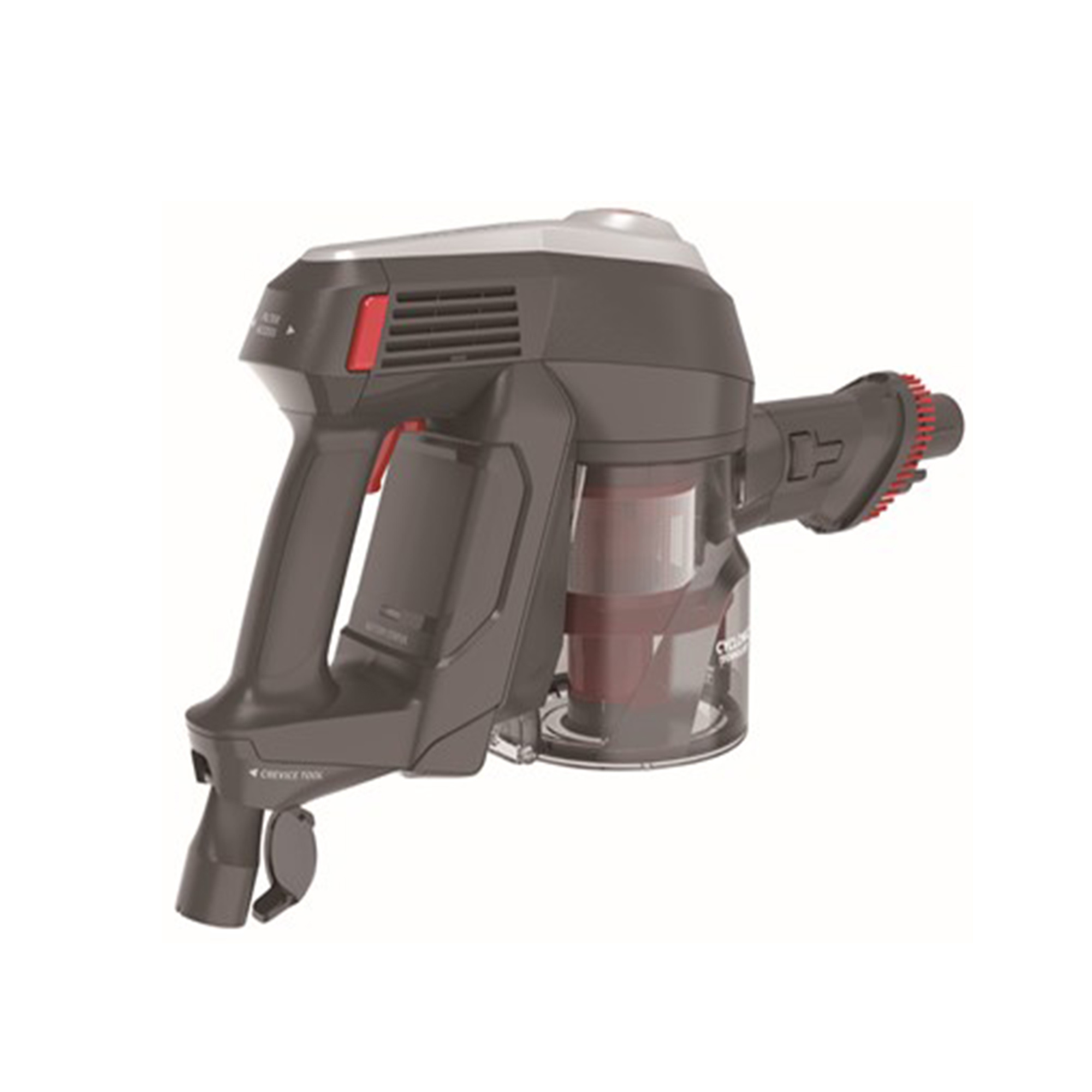 Un aspirateur à main gris foncé avec un bac à poussière transparent et un filtre rouge sur fond blanc.