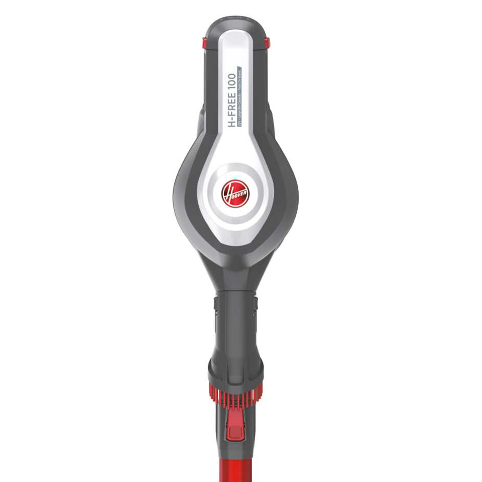 Aspirateur sans fil Hoover H-FREE 100 gris et rouge sur fond blanc.