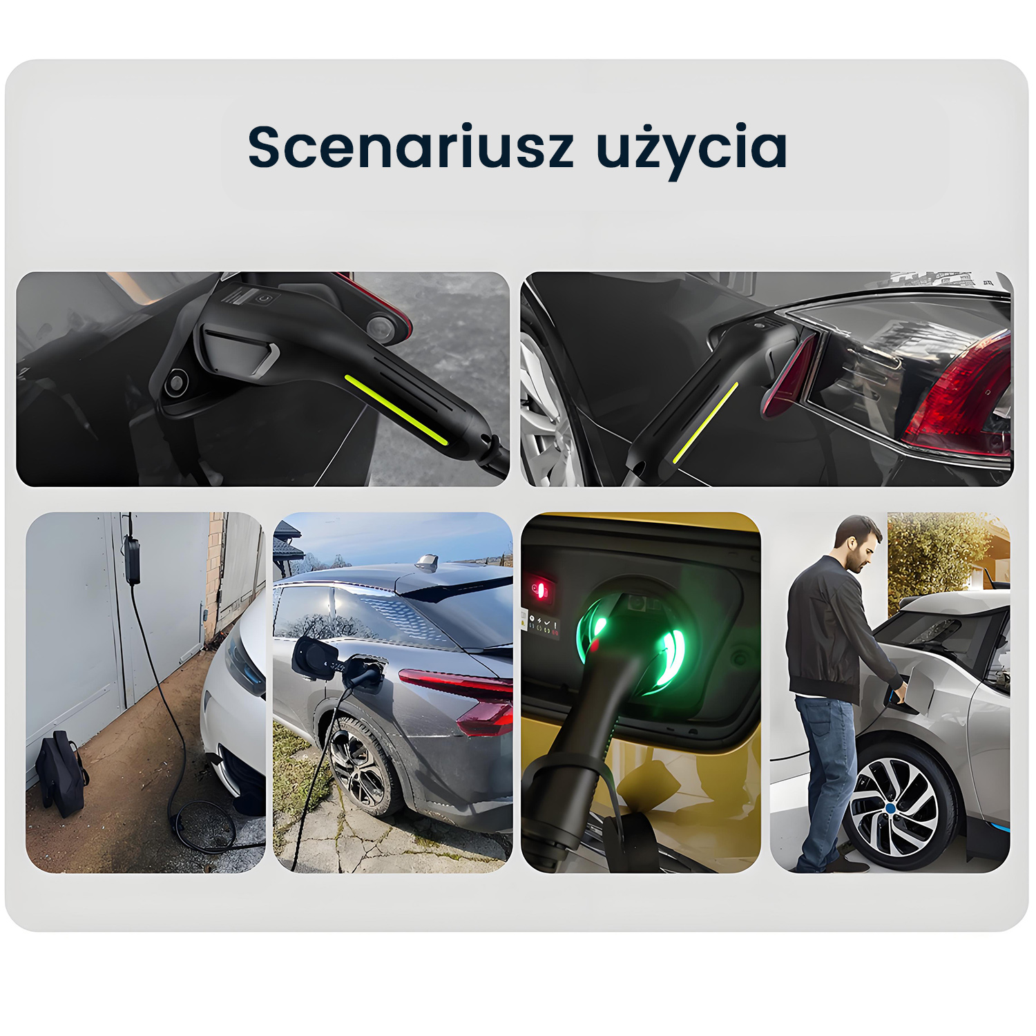 Sześć obrazów przedstawiających ładowarki do samochodów elektrycznych podłączone do różnych pojazdów.