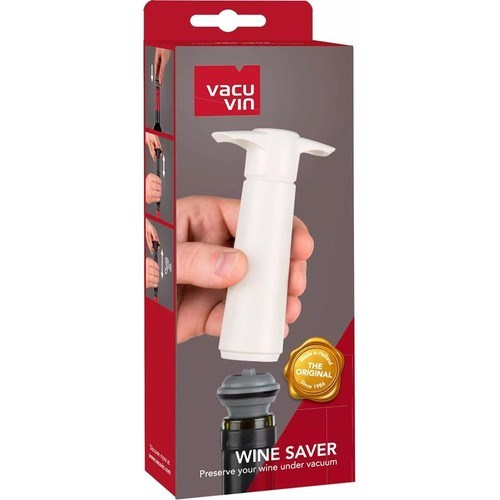 Vacu Vin şarap pompası kutusu, el ve şişe görseliyle.