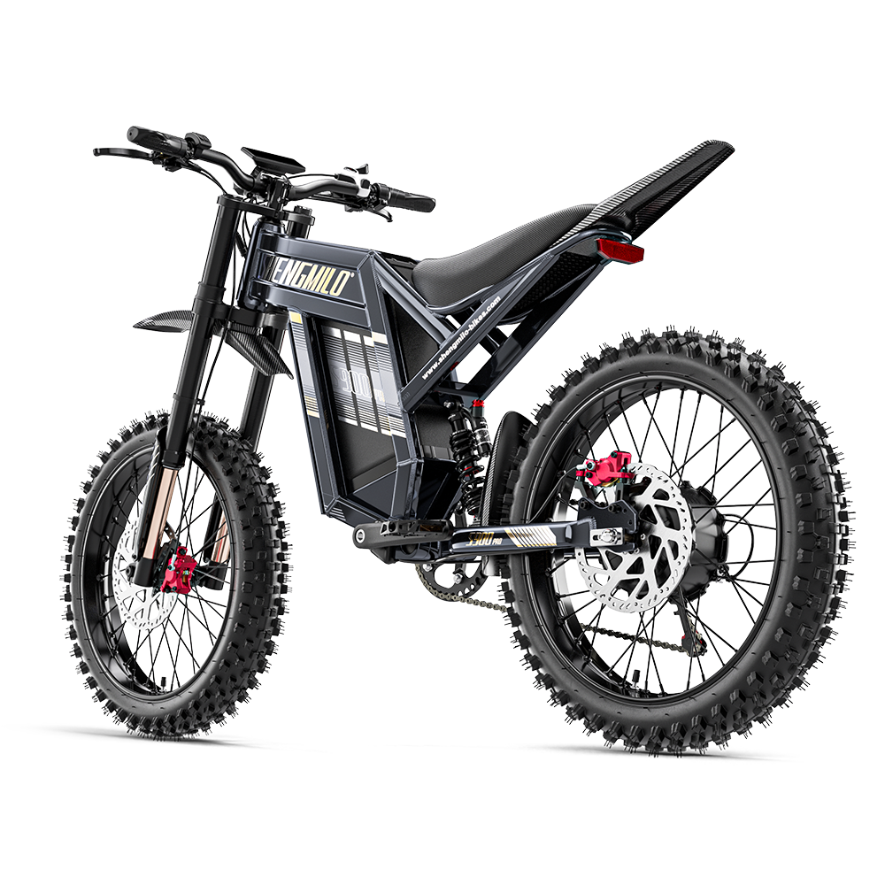 Czarny elektryczny motocykl crossowy z bieżnikowanymi oponami na ciemnym tle.