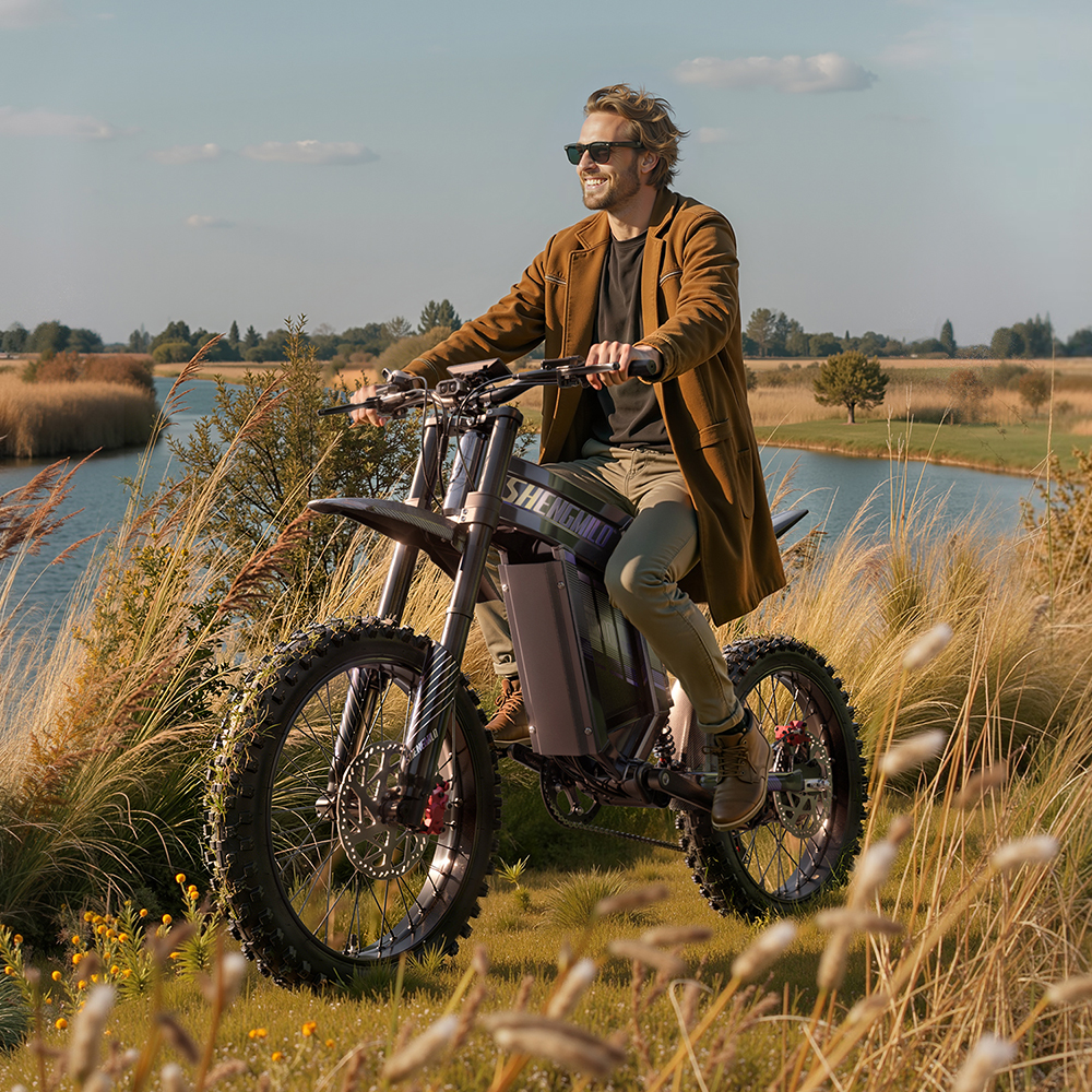 Blondyn w okularach przeciwsłonecznych jedzie na elektrycznym rowerze crossowym po trawiastym brzegu rzeki.