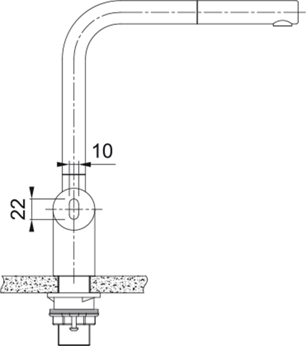 Disegno tecnico di un rubinetto da cucina con quote dimensionali di 10 e 22.