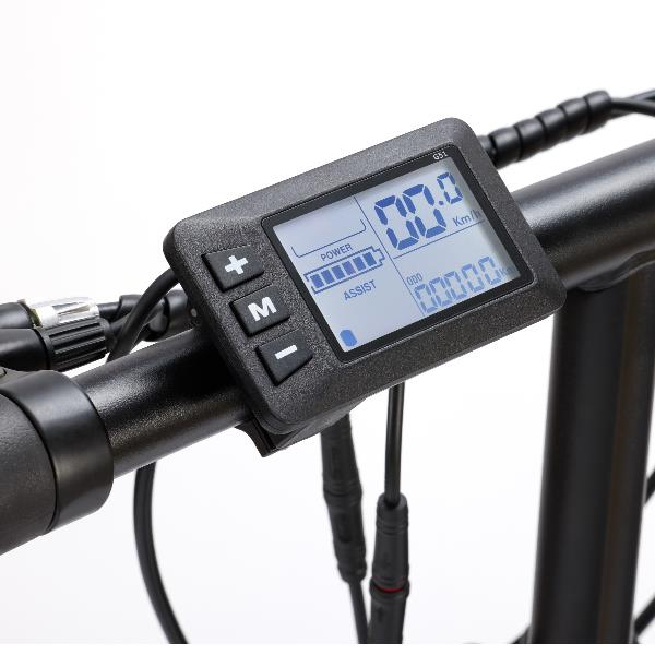 Ein digitales E-Bike-Display mit drei Tasten und LCD-Bildschirm am Lenker.
