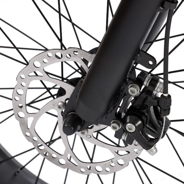 Nahaufnahme einer Fahrrad-Scheibenbremse mit silbernem Rotor, schwarzem Sattel und Speichenrädern.