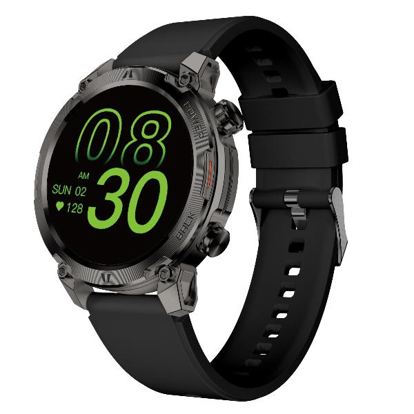 Uno smartwatch nero con display digitale rotondo, numeri verdi e cinturino in silicone nero.