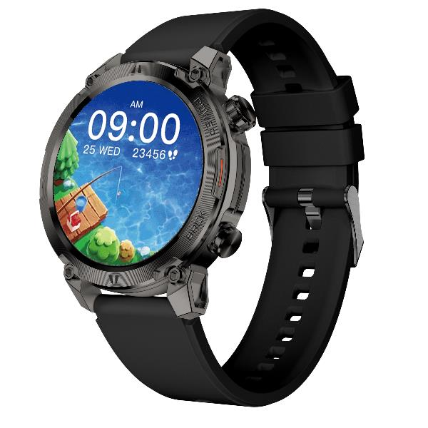 Uno smartwatch nero con cassa robusta, cinturino in silicone e display a colori con scena di pesca.