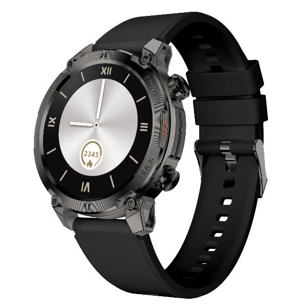 Uno smartwatch nero con cassa tonda e cinturino in gomma.