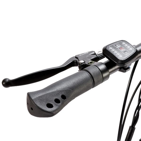 Manillar de bicicleta eléctrica negro con empuñadura ergonómica, maneta de freno y pantalla.