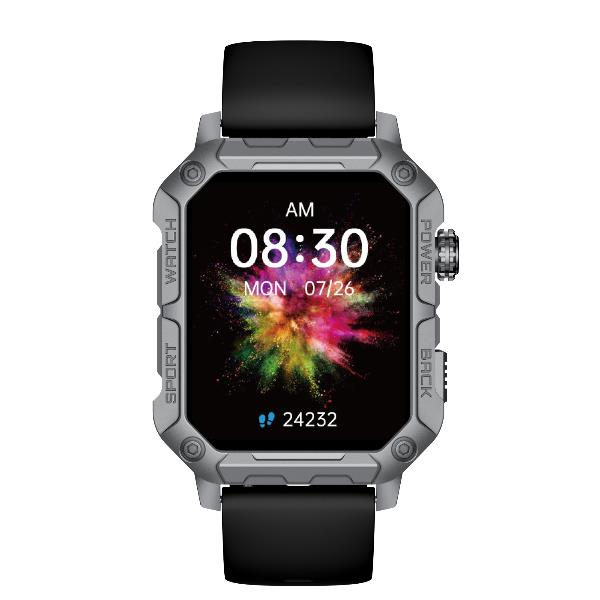Uno smartwatch robusto con cassa grigia, cinturino nero e display digitale che mostra l'ora.