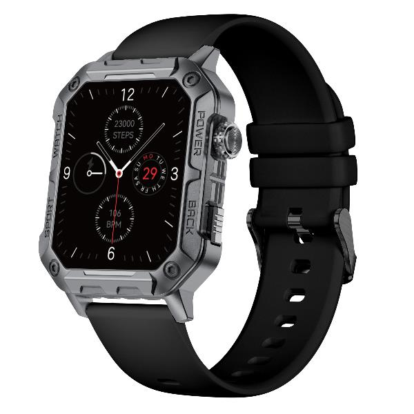 Uno smartwatch rugged con cassa metallica quadrata, cinturino in gomma nera e quadrante con dati fitness.