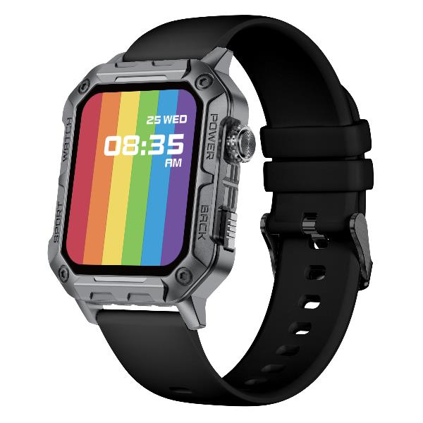 Uno smartwatch robusto con cassa in metallo grigio, cinturino nero e display arcobaleno che mostra le 08:35.