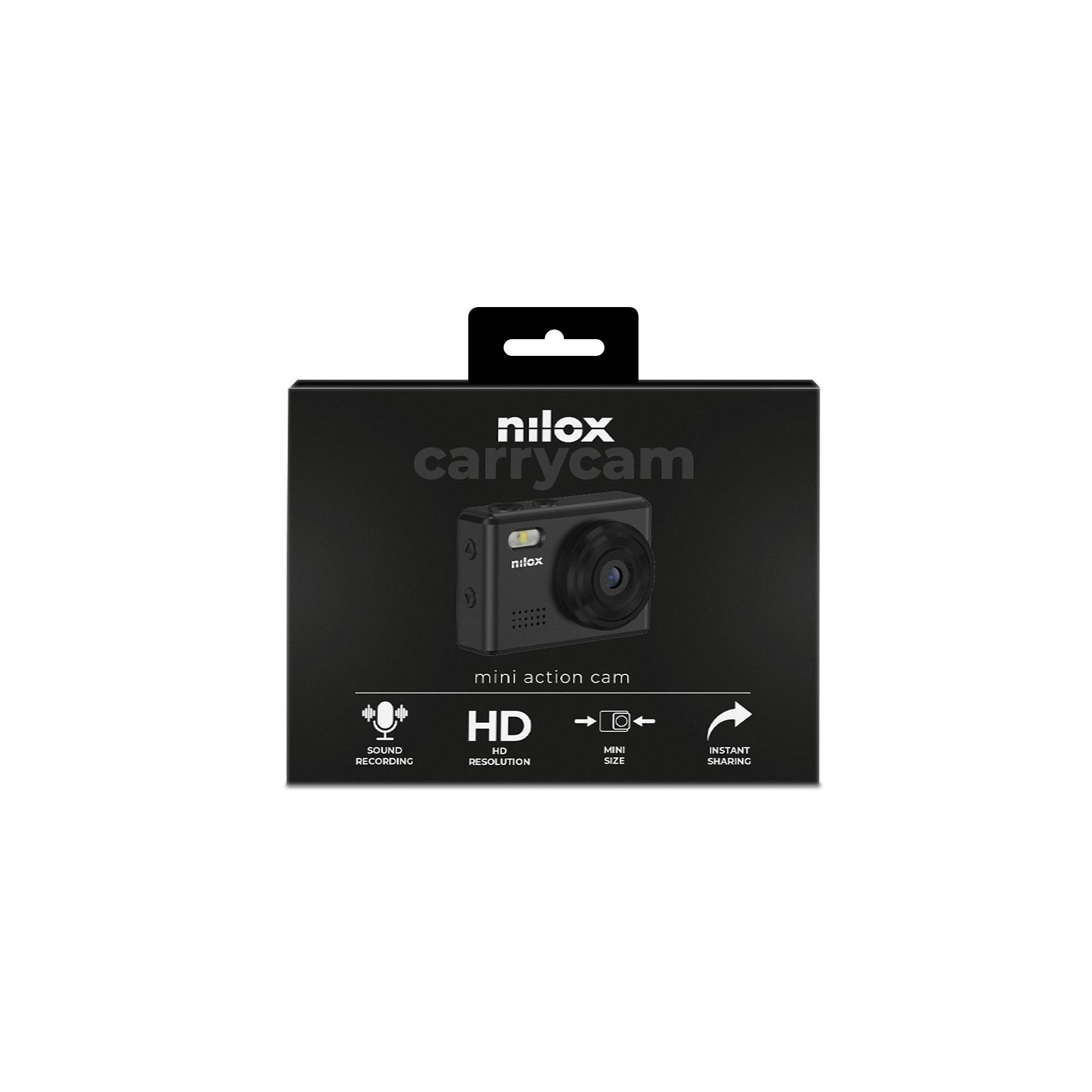 Schwarze Nilox Carrycam Verpackung mit Mini-Actionkamera und Icons für Sound, HD, Mini-Größe und Teilen.