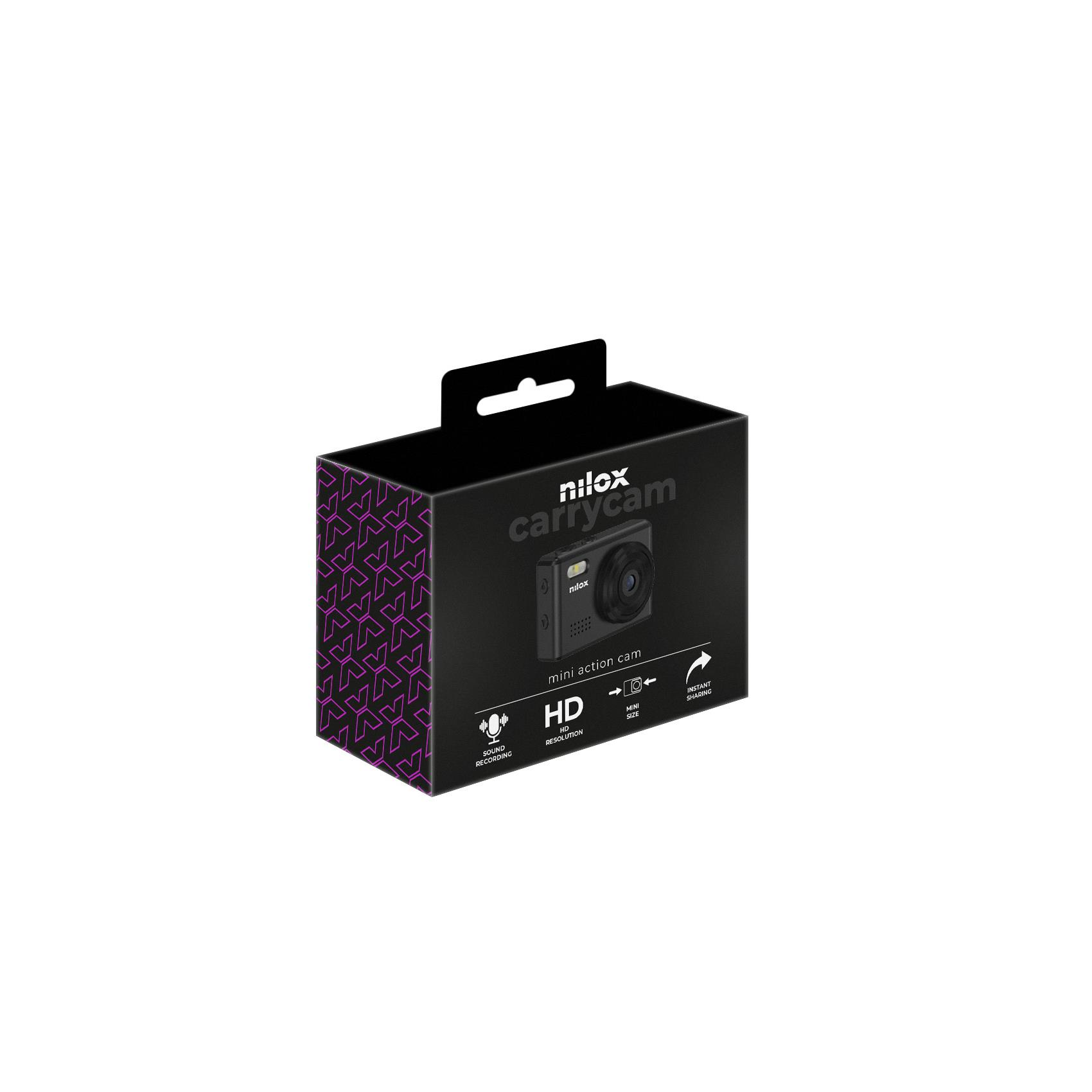 Schwarze Nilox Carrycam Mini-Action-Kamerabox mit violettem Muster und Produktmerkmalen auf weißem Hintergrund.